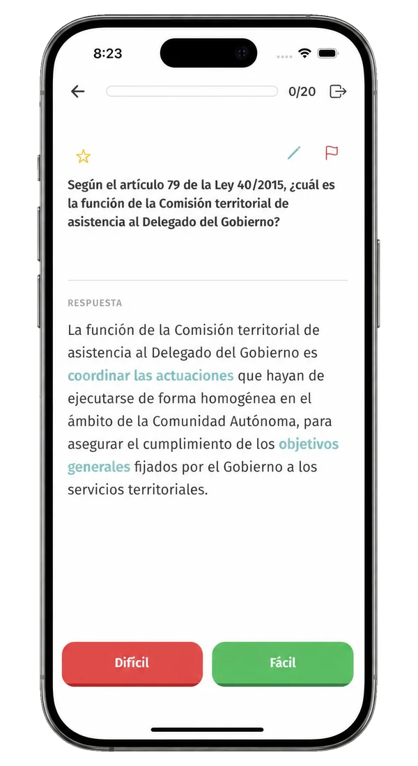 Flashcard sobre la Ley 40/2015 con los botones Difícil y Fácil