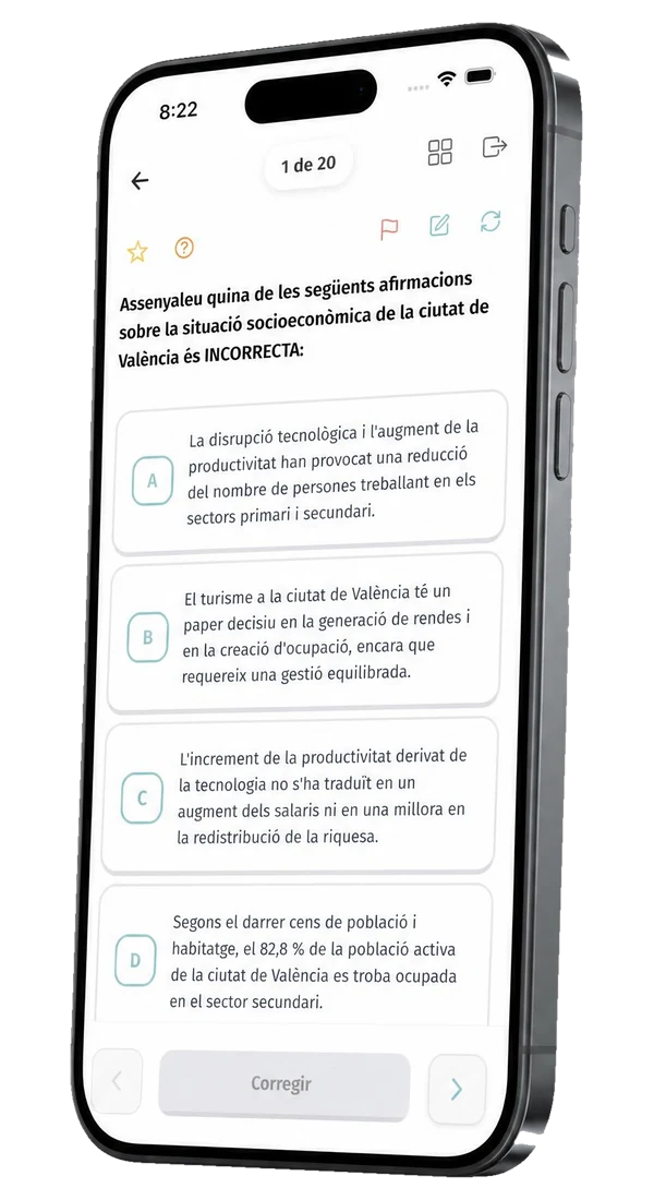 Pregunta de test con cuatro opciones en la app de Typed AI