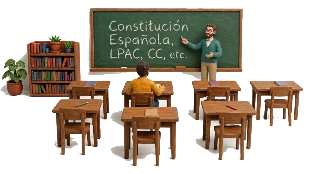 Profesor explicando legislación en una pizarra con un aula de estudio