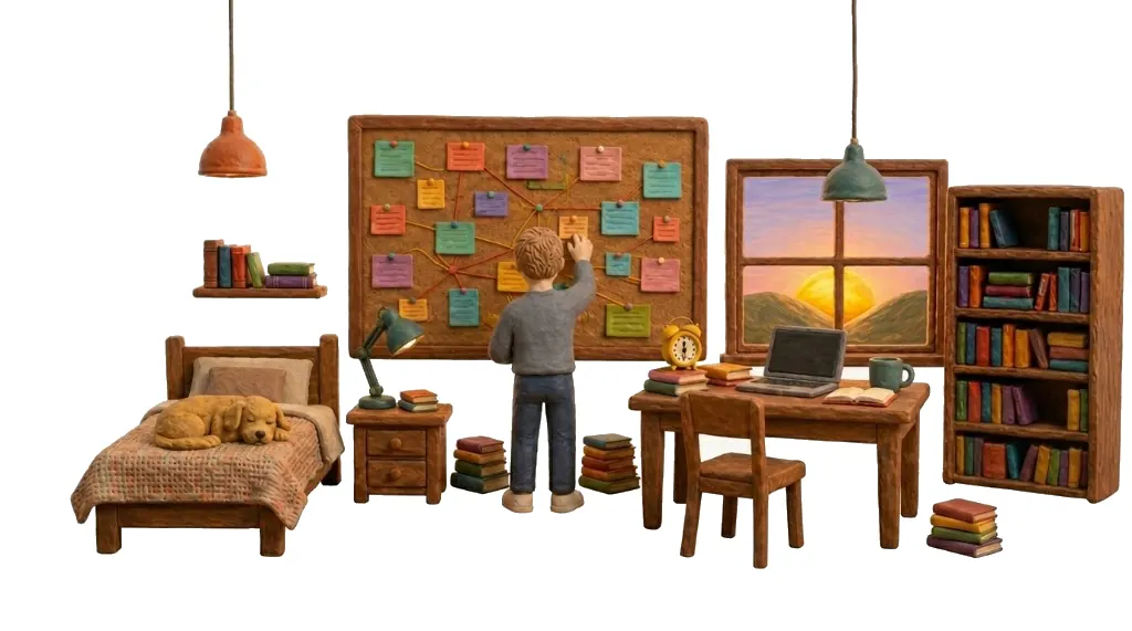 Estudiante organizando esquemas visuales en una habitación