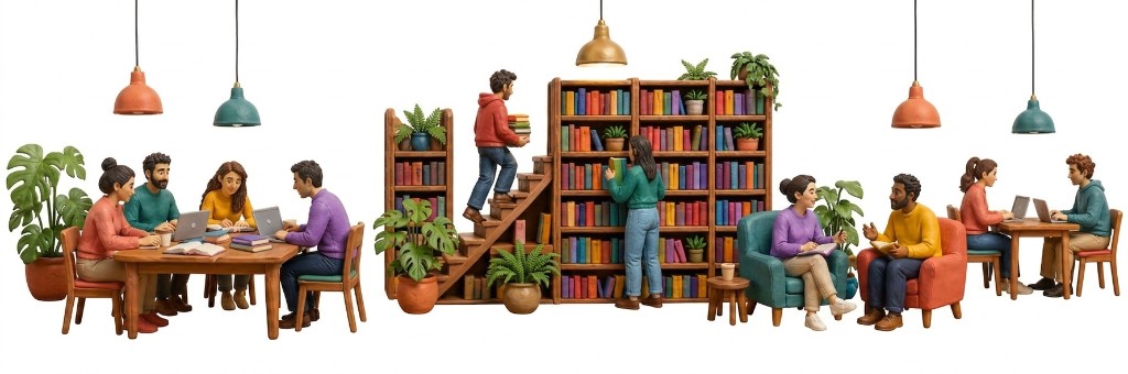 Biblioteca con estudiantes preparando oposiciones