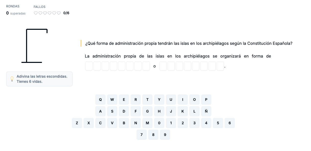 Partida de Ahorcado de oposiciones generada desde tu temario en Typed AI