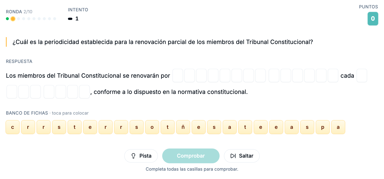 Partida de Anagrama de oposiciones generada desde tu temario en Typed AI