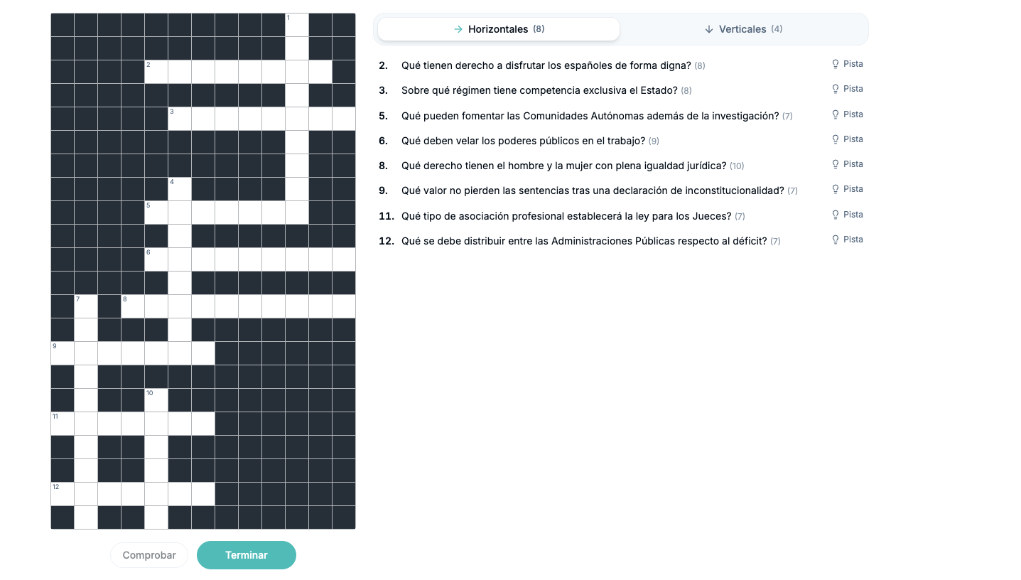Crucigrama de oposiciones generado desde tu temario en Typed AI