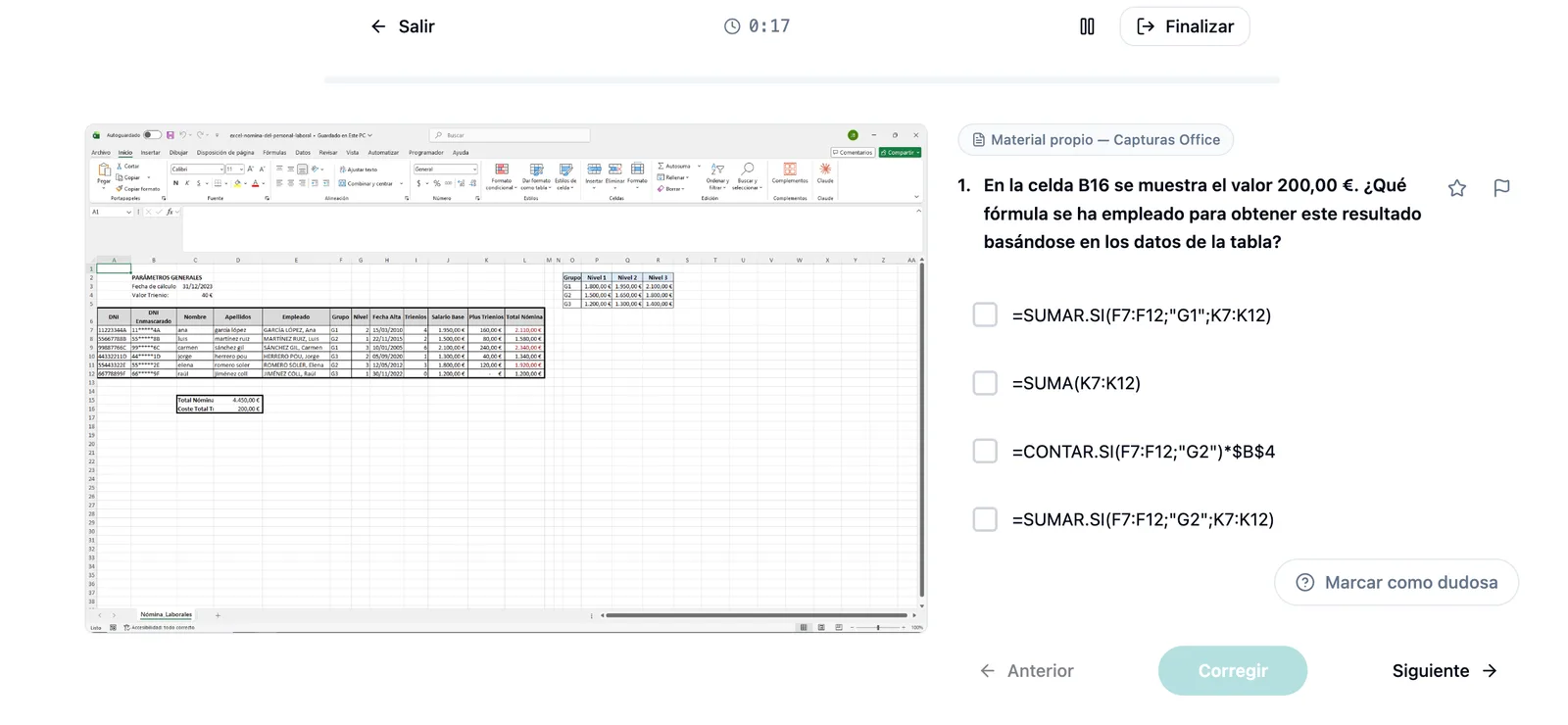Caso práctico de ofimática en Typed AI: a la izquierda una captura real de Excel con una tabla de nóminas y a la derecha la pregunta sobre qué fórmula devuelve el valor de la celda B16, con sus cuatro opciones