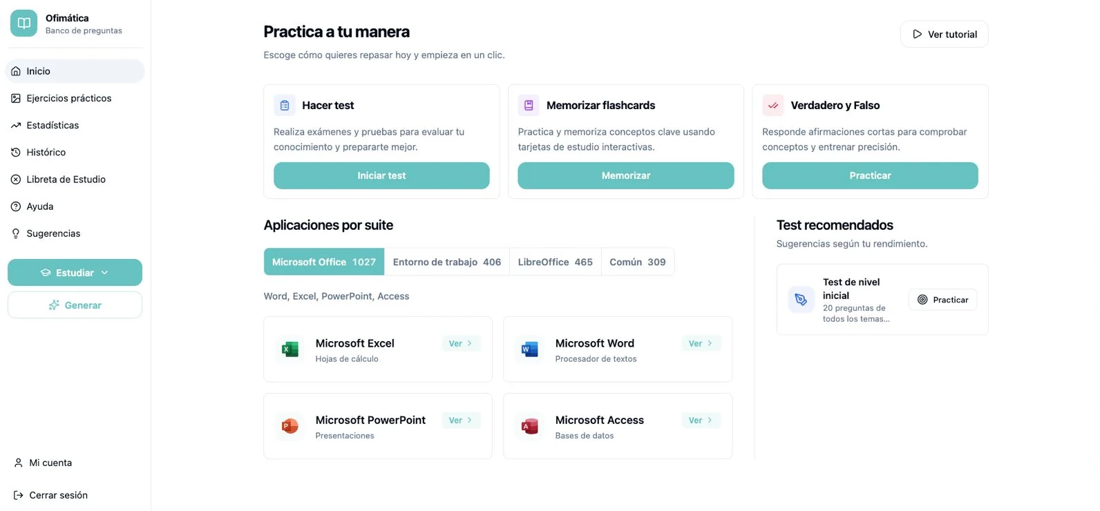Panel de ofimática de Typed AI: hacer test, memorizar flashcards y verdadero o falso, con las aplicaciones por suite (Excel, Word, PowerPoint, Access)