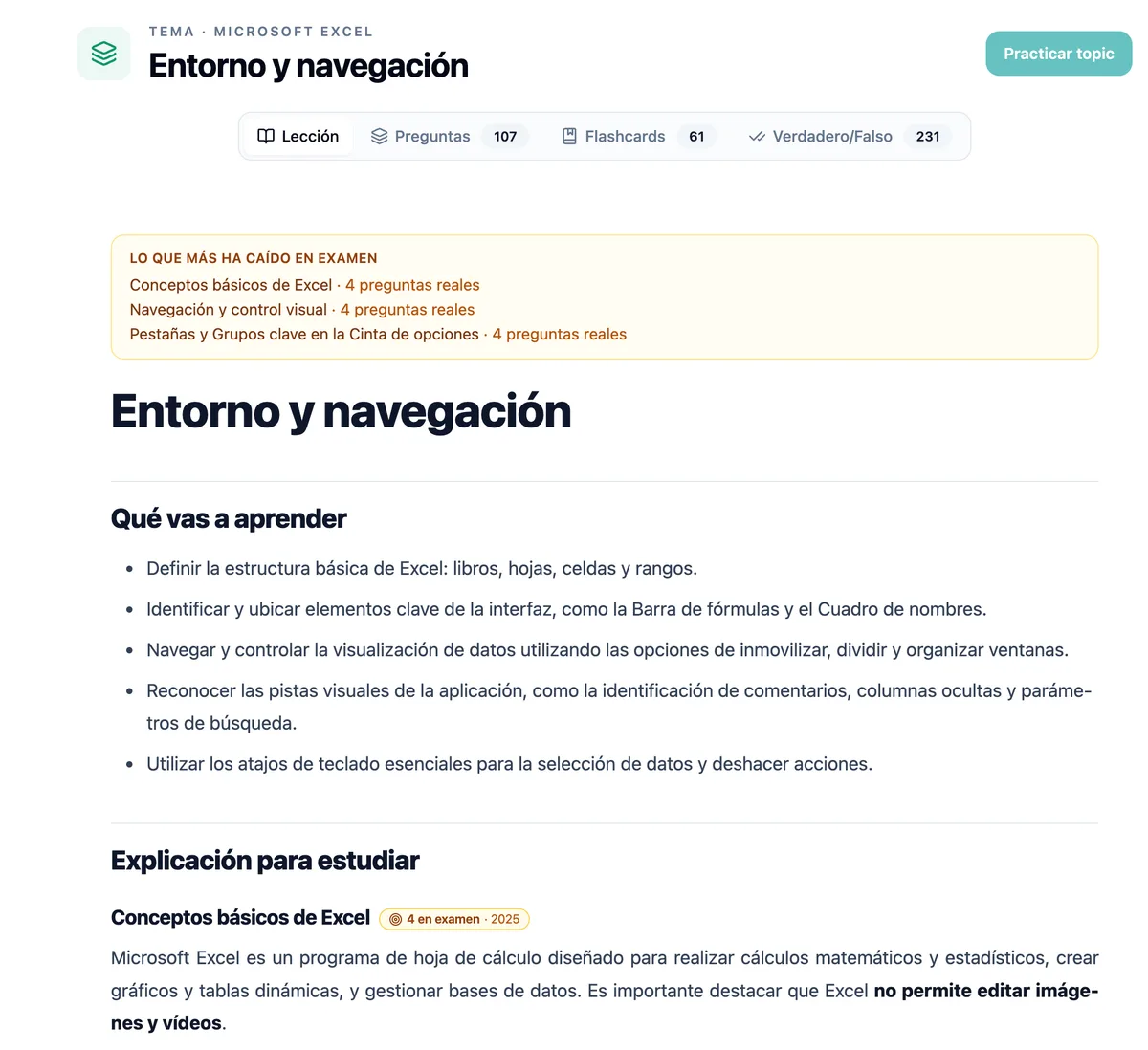 Lección de ofimática en Typed AI: 'Entorno y navegación' de Microsoft Excel, con las pestañas de Lección, Preguntas, Flashcards y Verdadero/Falso y los objetivos de la lección