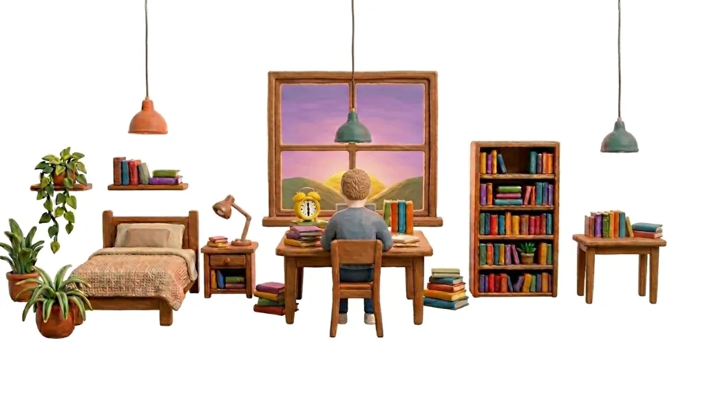 Estudiante preparando preguntas test en su habitación