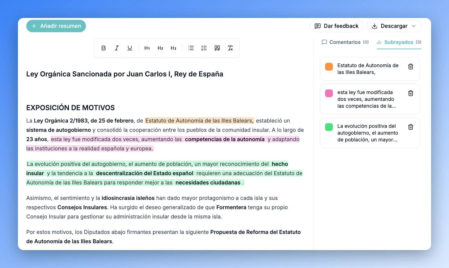 Resumen inteligente de un tema generado por Typed AI