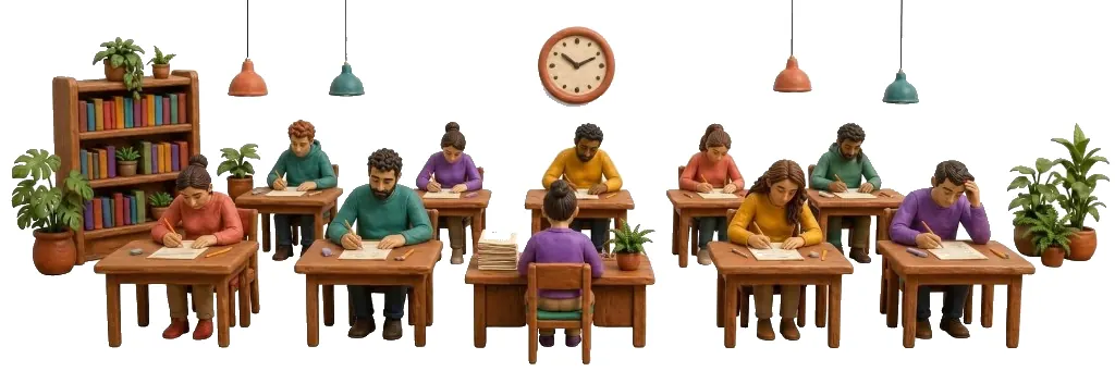 Aula con estudiantes realizando un simulacro de examen